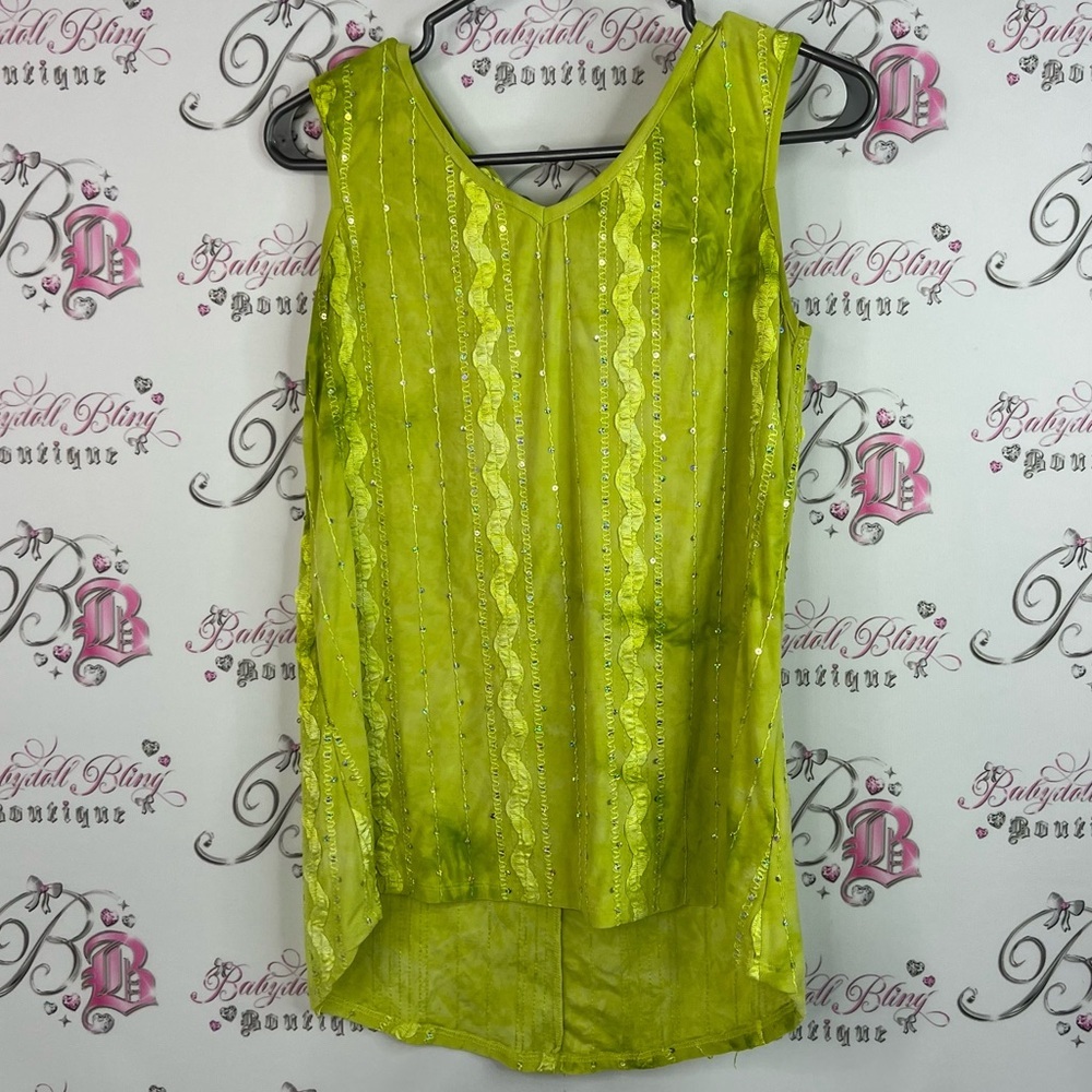 Tank top sparkly crochet embroidered detail sequins Lime Green Sleeveless Top